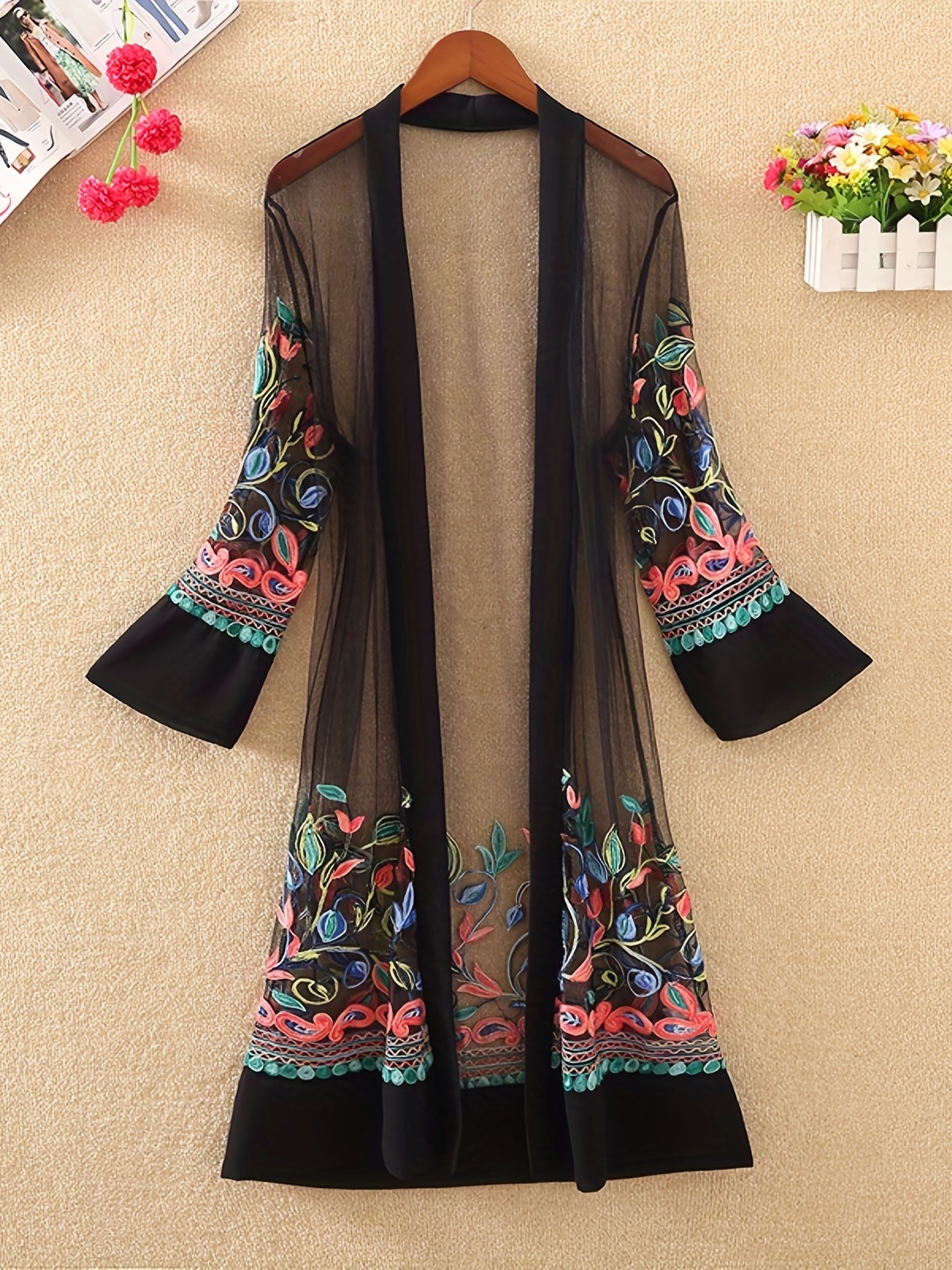 Floral Embroidered Sheer Cover Up Shirt Loose Fit Kimono