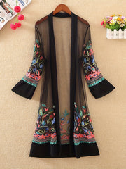 Floral Embroidered Sheer Cover Up Shirt Loose Fit Kimono