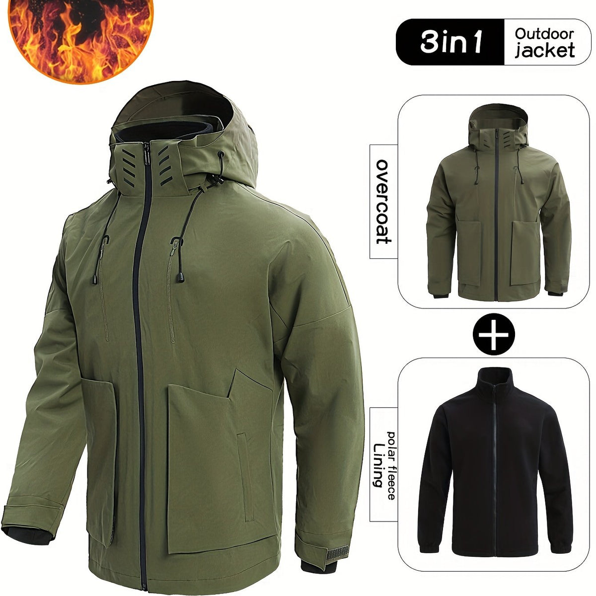 Men's 3 In 1 Zip Hooded Hiking Jacket Large Pocket