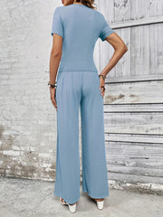 Casual Two Piece Set Short Sleeve T Shirt & Wide Leg Pants Outfit