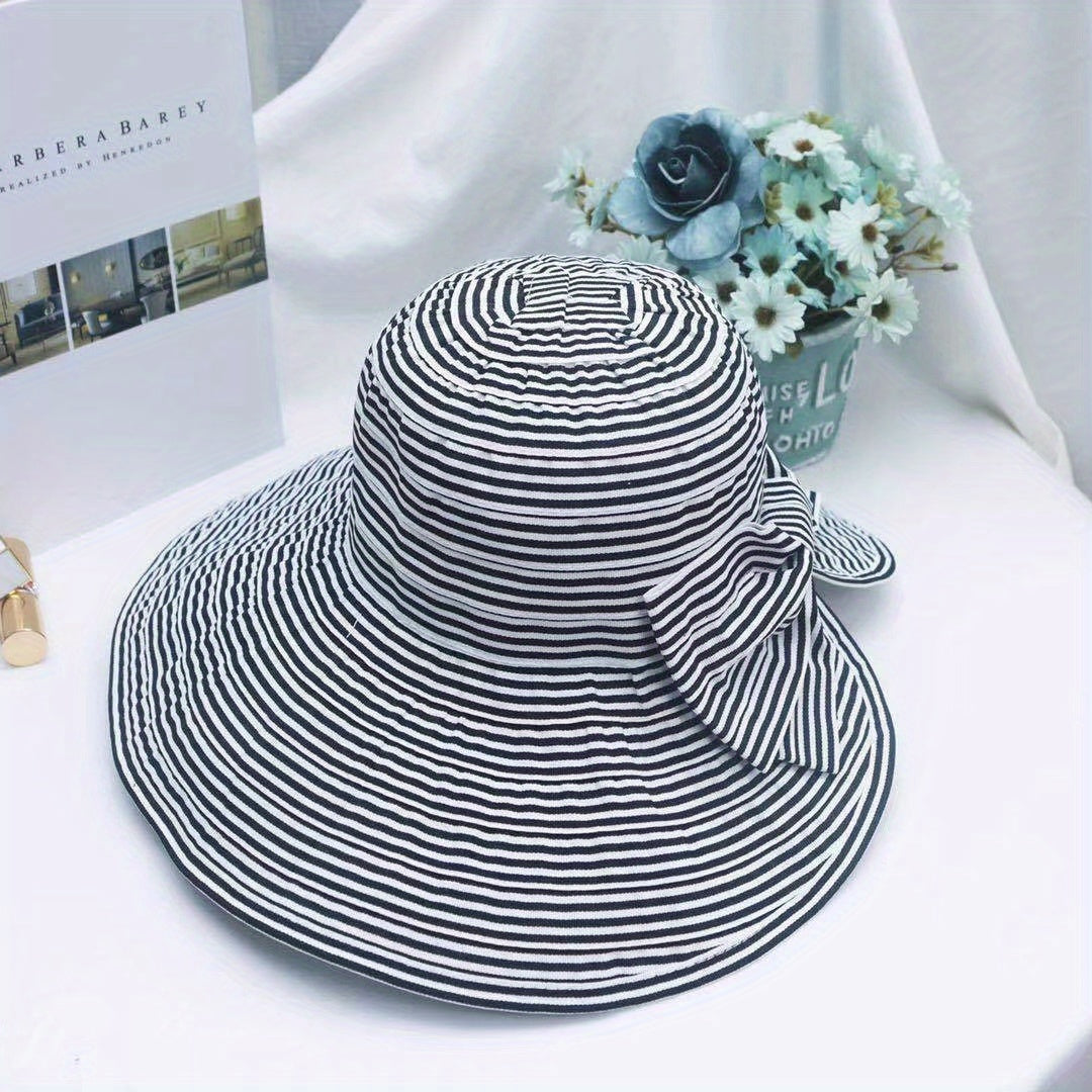 Foldable Striped Sun Hat Casual Bowknot Bucket Hat for Summer