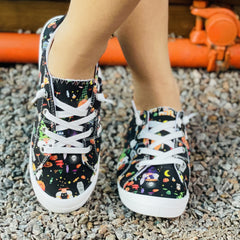 Colorful Skull Printed Low Toe Flat Canvas Shoes Halloween Daily Shoes