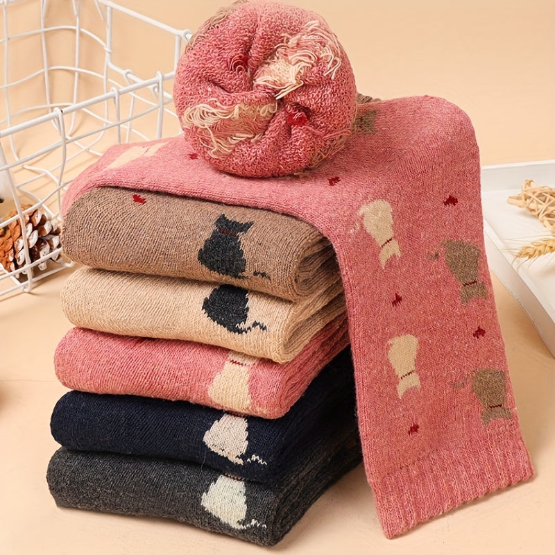 5 Pairs Cartoon Cat Print Socks For Women Cute & Cozy Mid Tube Stockings