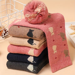 5 Pairs Cartoon Cat Print Socks For Women Cute & Cozy Mid Tube Stockings