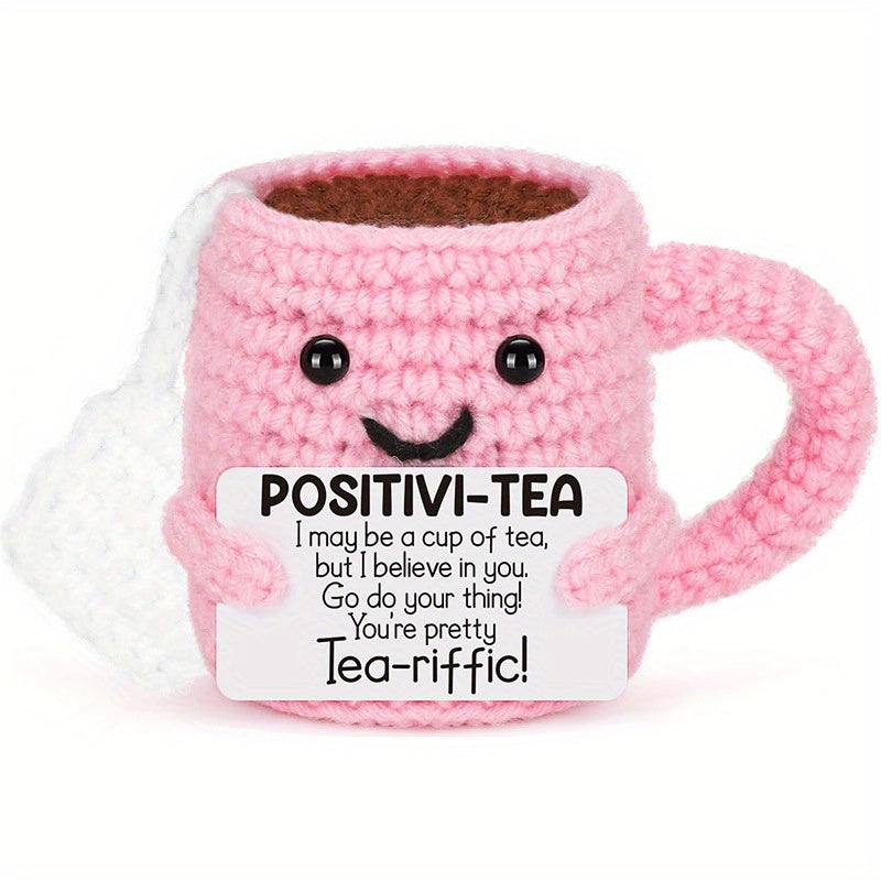 Crocheted Tea Cup Doll Decor with Positive Energy Font DIY Accessory Gift