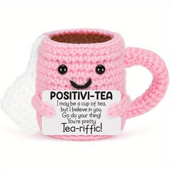 Crocheted Tea Cup Doll Decor with Positive Energy Font DIY Accessory Gift