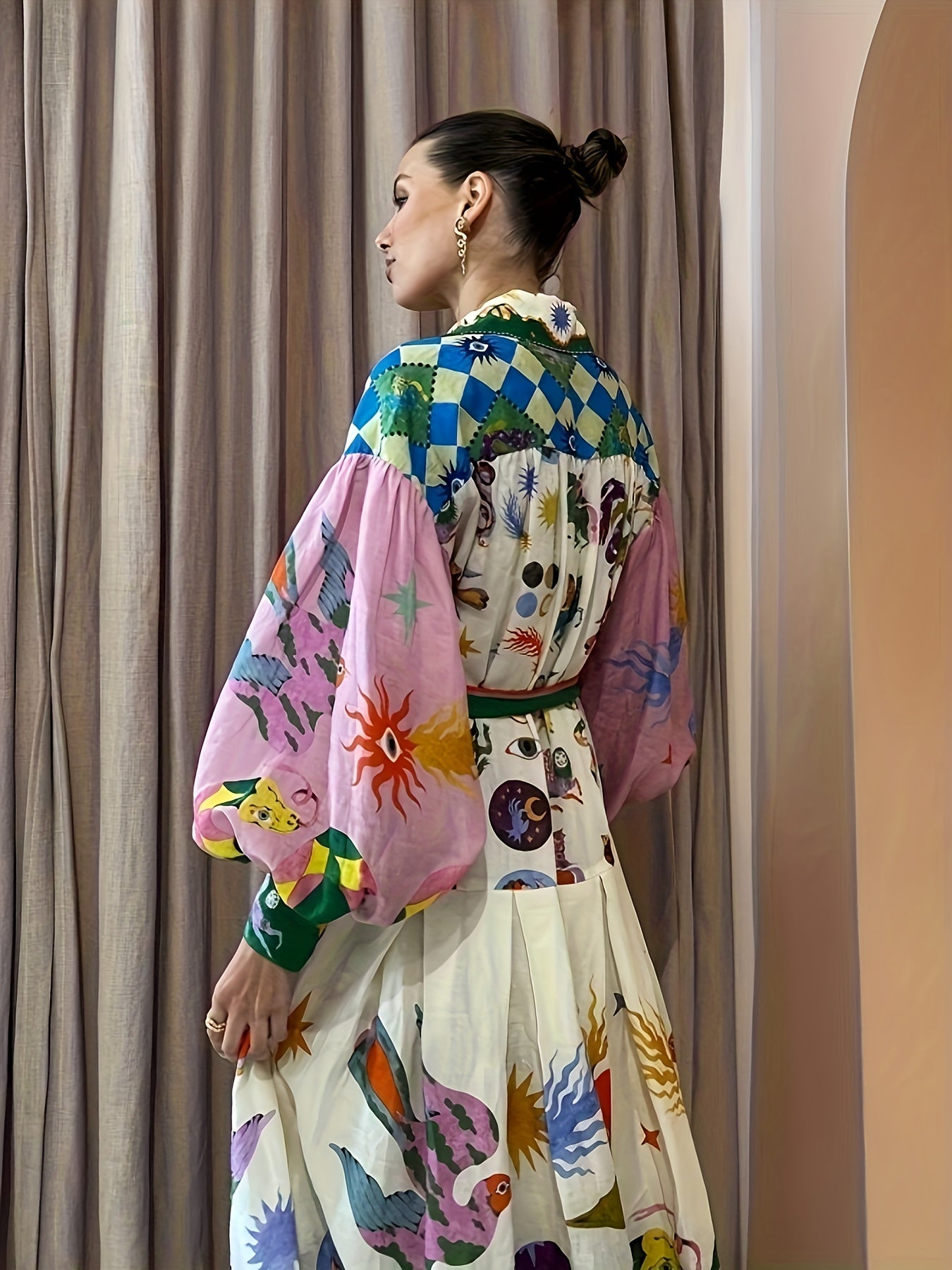  Abstract Print Lantern Sleeve Maxi Dress With Belt