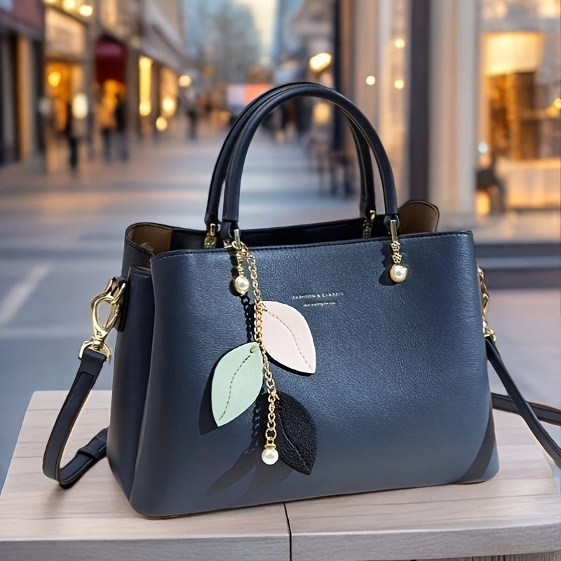Women's Tote Bag with Detachable Shoulder Strap & Leaf Charm Pendant