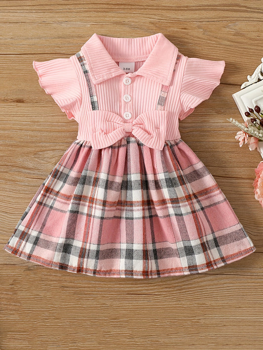 Baby Girls Plaid Bowknot Decor Dress Ruffled Sleeves Princess Dresses