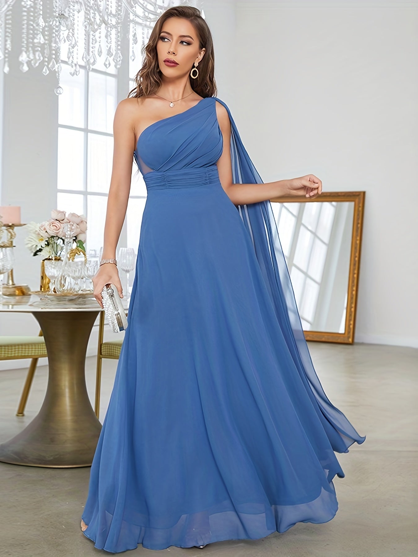 One Shoulder Bridesmaid Dress Ruched Wedding Party Women's Clothing