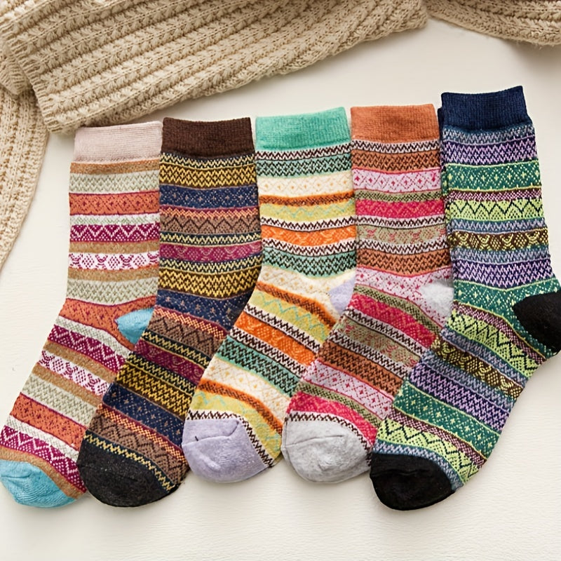 5 Pairs Geometric Pattern Retro Ethnic Crew Socks Women's Stockings