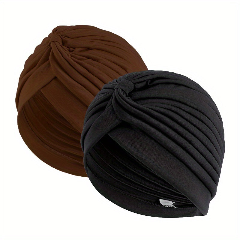 2pcs Solid Turban Cap Pleated Head Wrap Chemo Hats