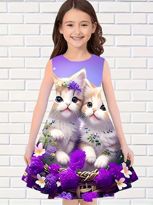 Kitty Print Sleeveless Dress Girls Summer Party Outdoor