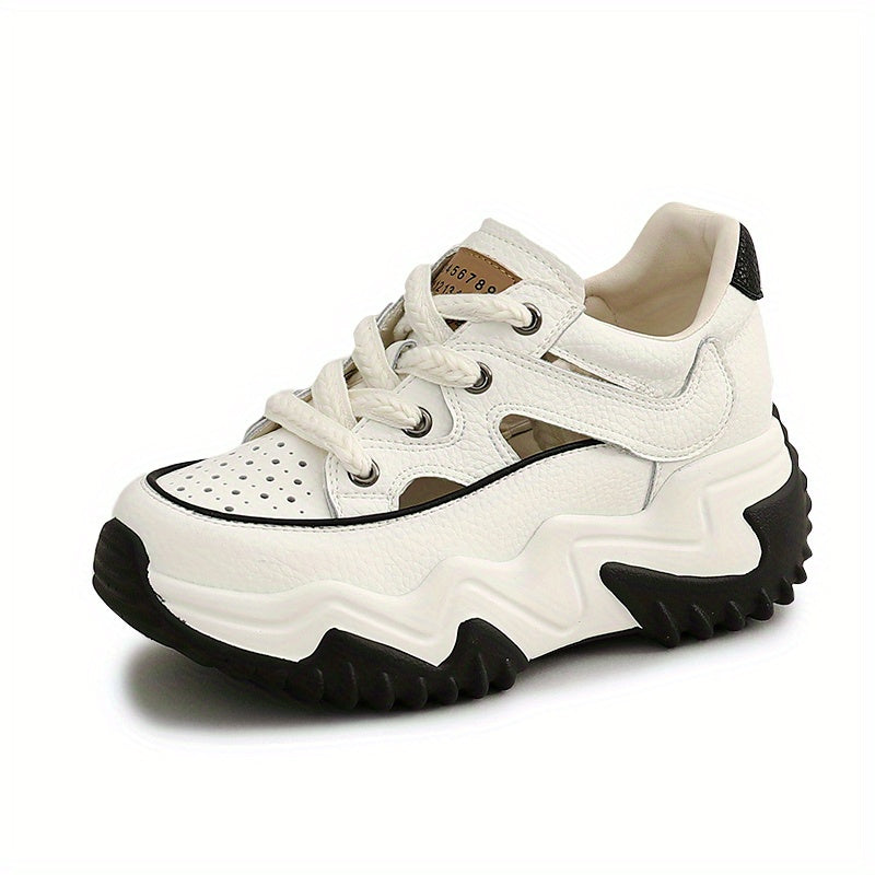 Women's Cutout Chunky Sneakers Lace Up Breathable Thick Sole Walking Shoes