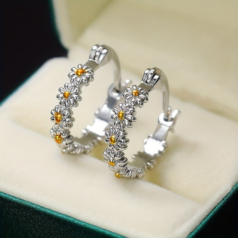 Daisy Decor Hoop Earrings, Copper Silver Plated Jewelry