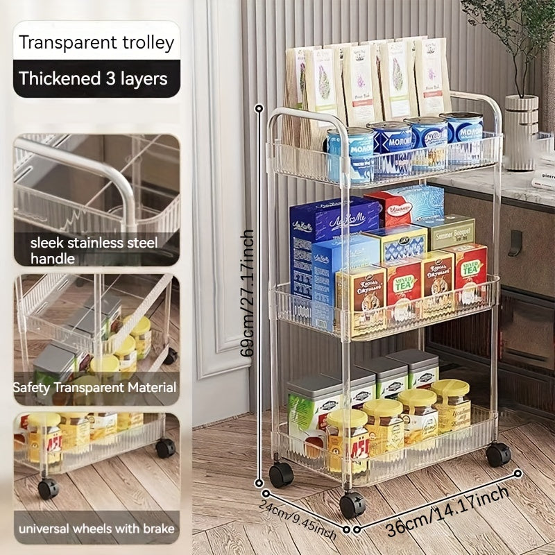 3-4 Tier Clear Utility Cart Rolling Organization Cart With Handle And Wheels