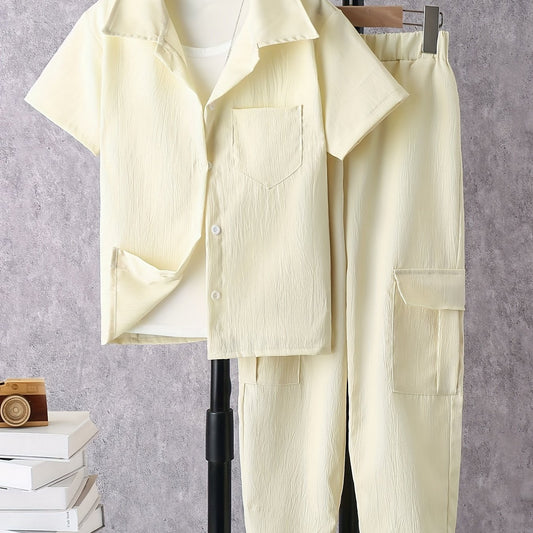 Boy's Solid Shirt & Cargo Pants Set for Spring Summer