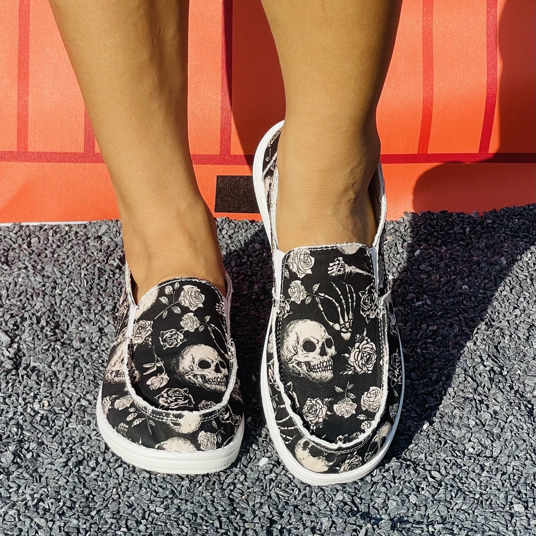 Floral & Skull Slip On Canvas Shoes Halloween Loafers