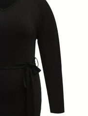  Solid Long Sleeve V Neck Dress With Belt