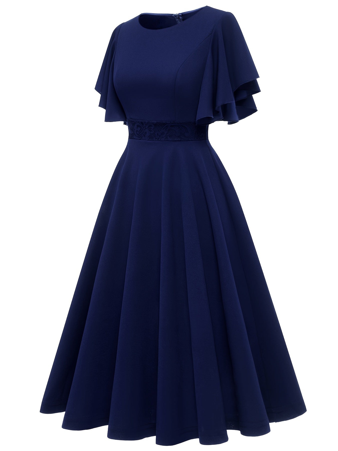 Ruffle Sleeve Slim Dress Zip Back Crew Neck