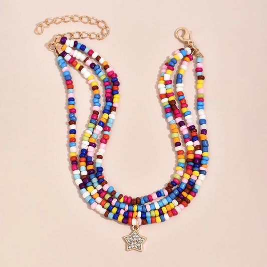 Star Shape Pendant Anklet Colorful Rice Beads Boho Style Foot Jewelry
