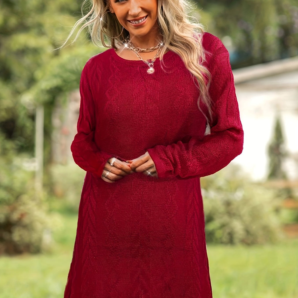  Casual Sweater Dress Women's Plus Solid Jacquard Long Sleeve