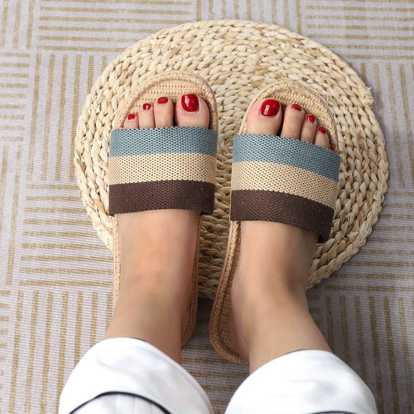 Women's Colorblock Flat Sandals Slip On Open Toe Non slip Linen Sole Slides