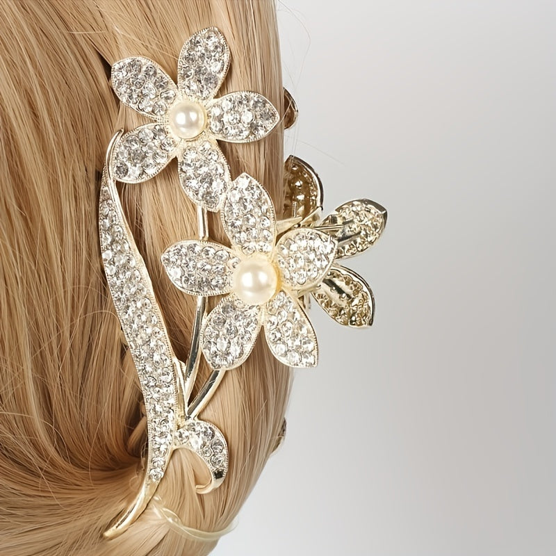 Girls Flower Hair Clip with Rhinestones & Faux Pearls