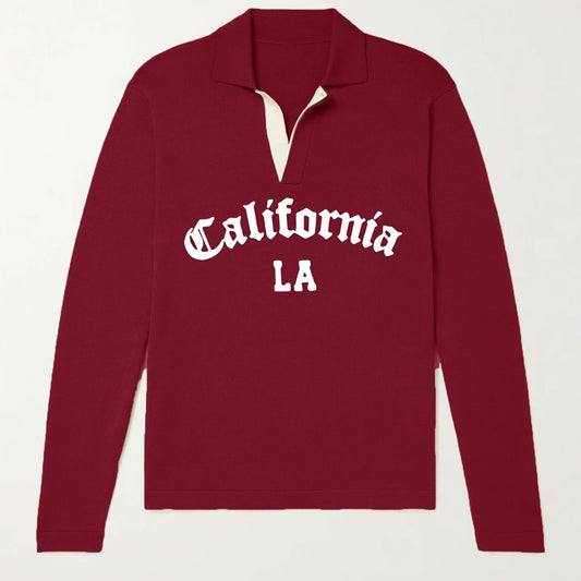 California LA City Print Knit Polo Shirt Men's Stretch V Neck Sweater