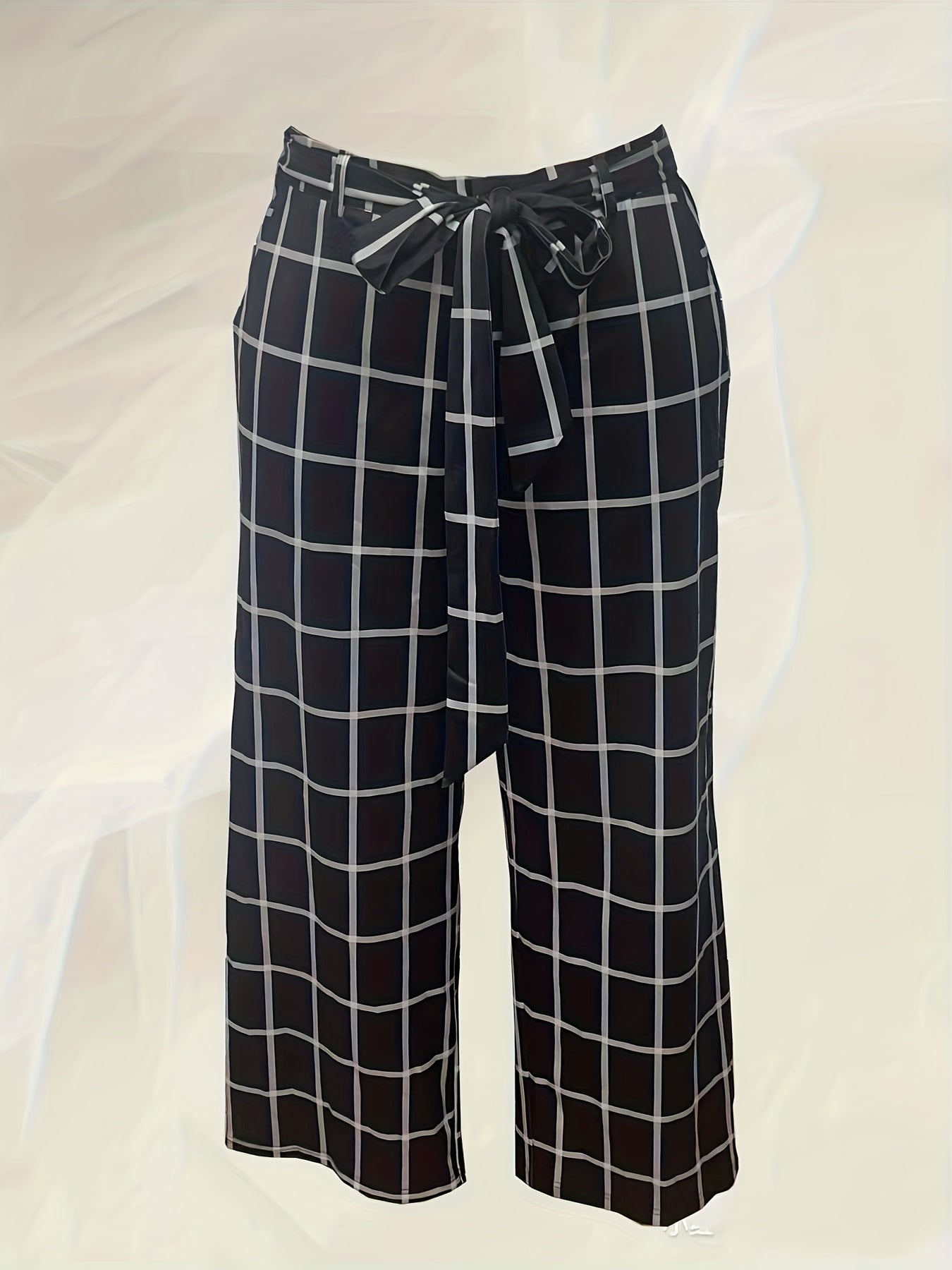  Grid Print Wide Leg Belted Trousers