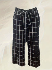  Grid Print Wide Leg Belted Trousers