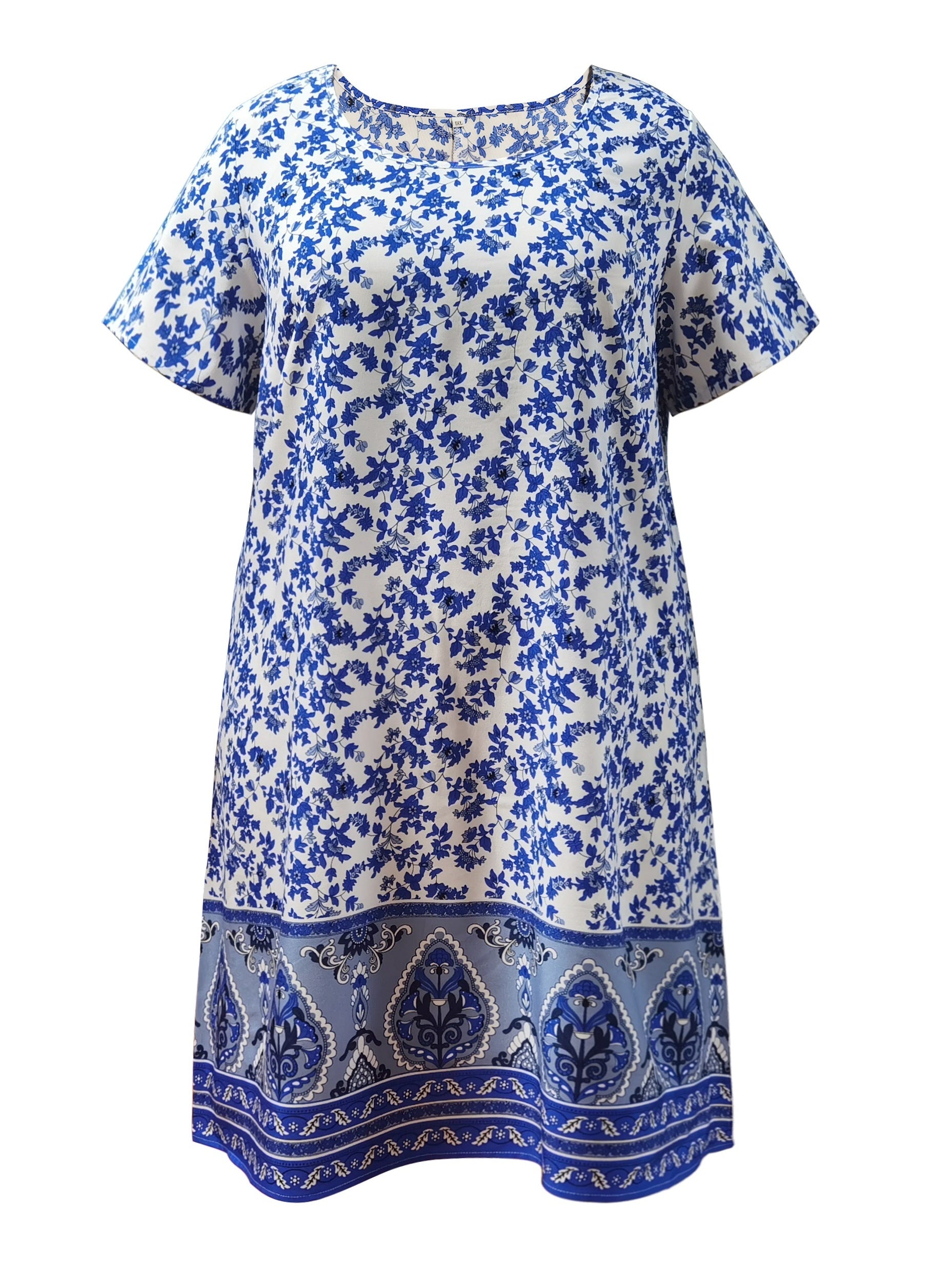  Boho Dress Women's Floral Print Short Sleeve Round Neck Pleated Dress