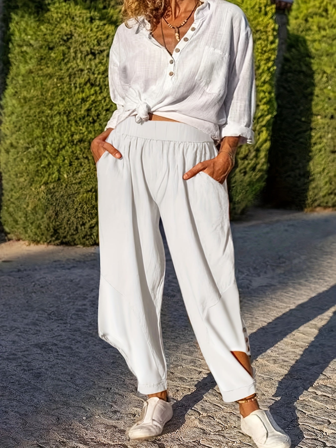  Casual Pants Women's Plus Solid Side Cut Out Button Decor