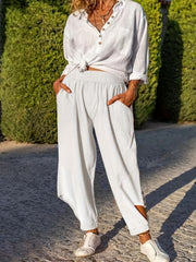  Casual Pants Women's Plus Solid Side Cut Out Button Decor