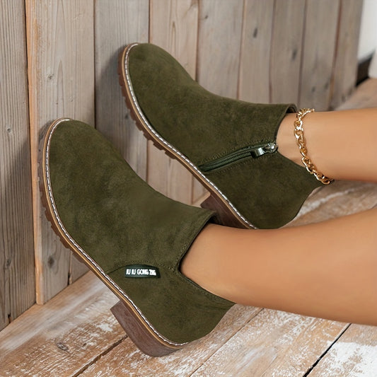 Chunky Heeled Ankle Boots Retro Round Toe Side Zipper Shoes