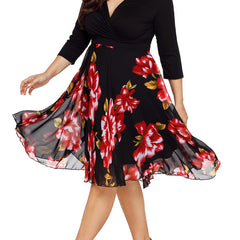 Plus Size Casual Dress Women's Plus Contrast Mesh Floral Print Midi Dress