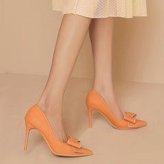 Women's Orange Bowknot Stiletto Heels Point Toe Wedding Pumps Slip On Heels