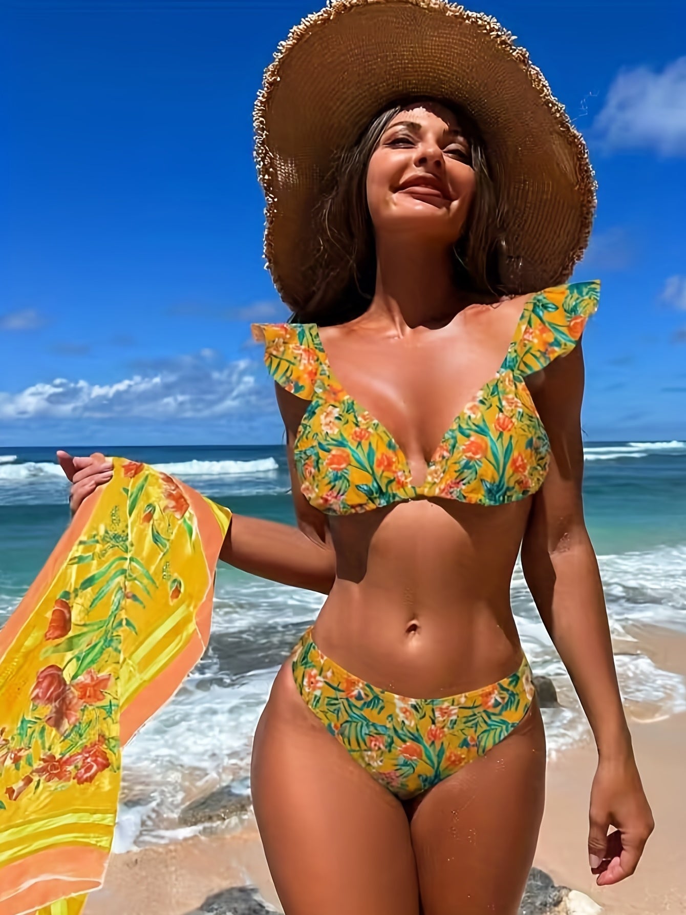 Floral Leaf Print Ruffle Strap Bikini & Mesh Wrap Cover Up Set