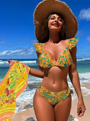 Floral Leaf Print Ruffle Strap Bikini & Mesh Wrap Cover Up Set
