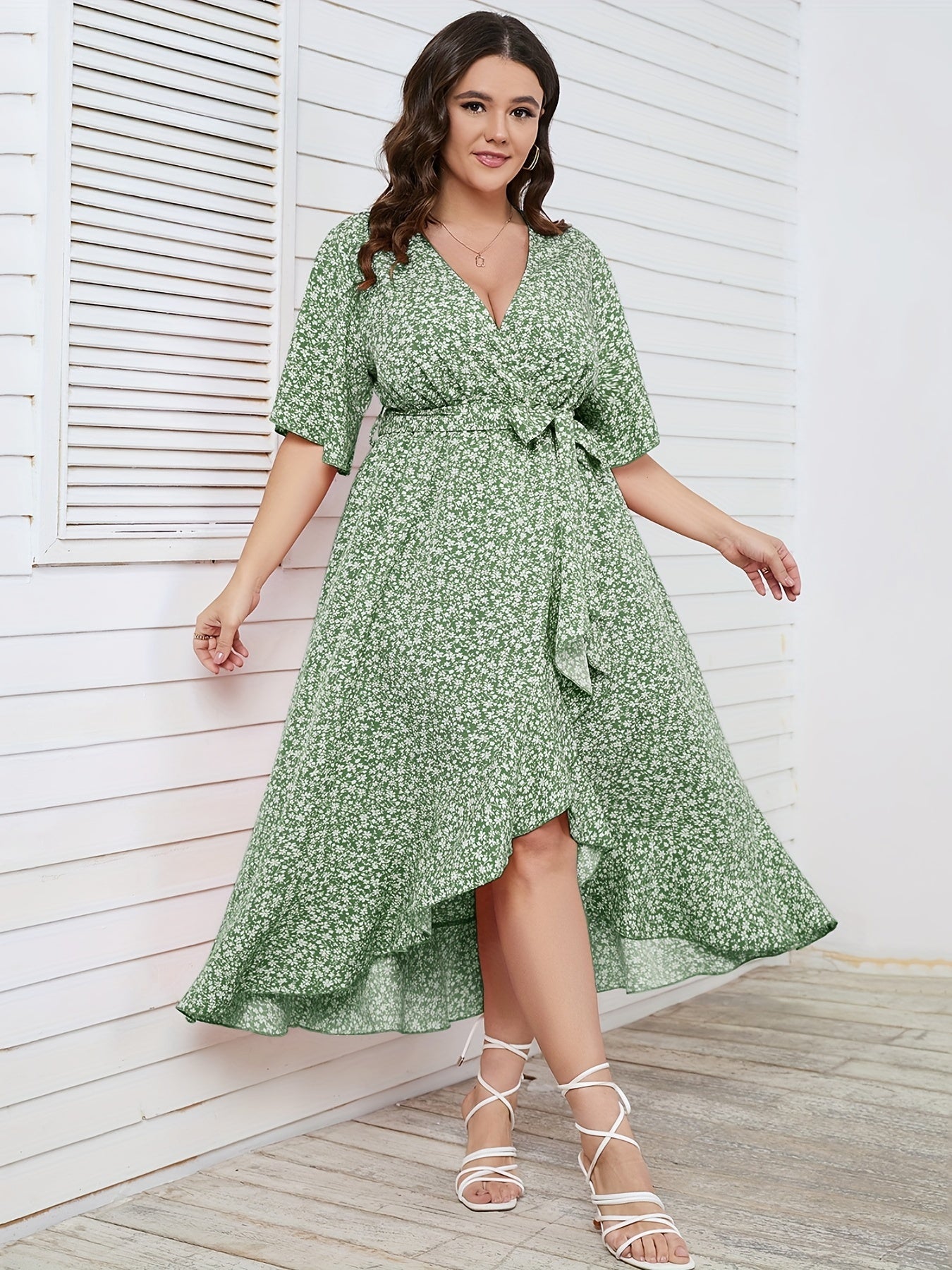  Ditsy Print Short Sleeve Wrap Dress With Belt