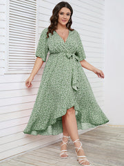  Ditsy Print Short Sleeve Wrap Dress With Belt