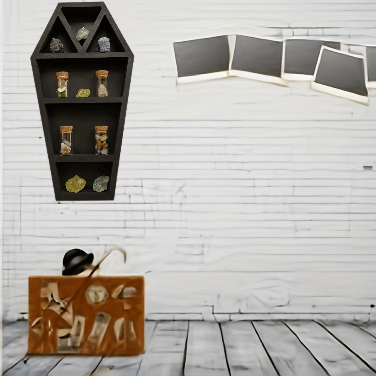 Wooden Gothic Coffin Holder Desk Organizer Storage Rack Wall Mounted