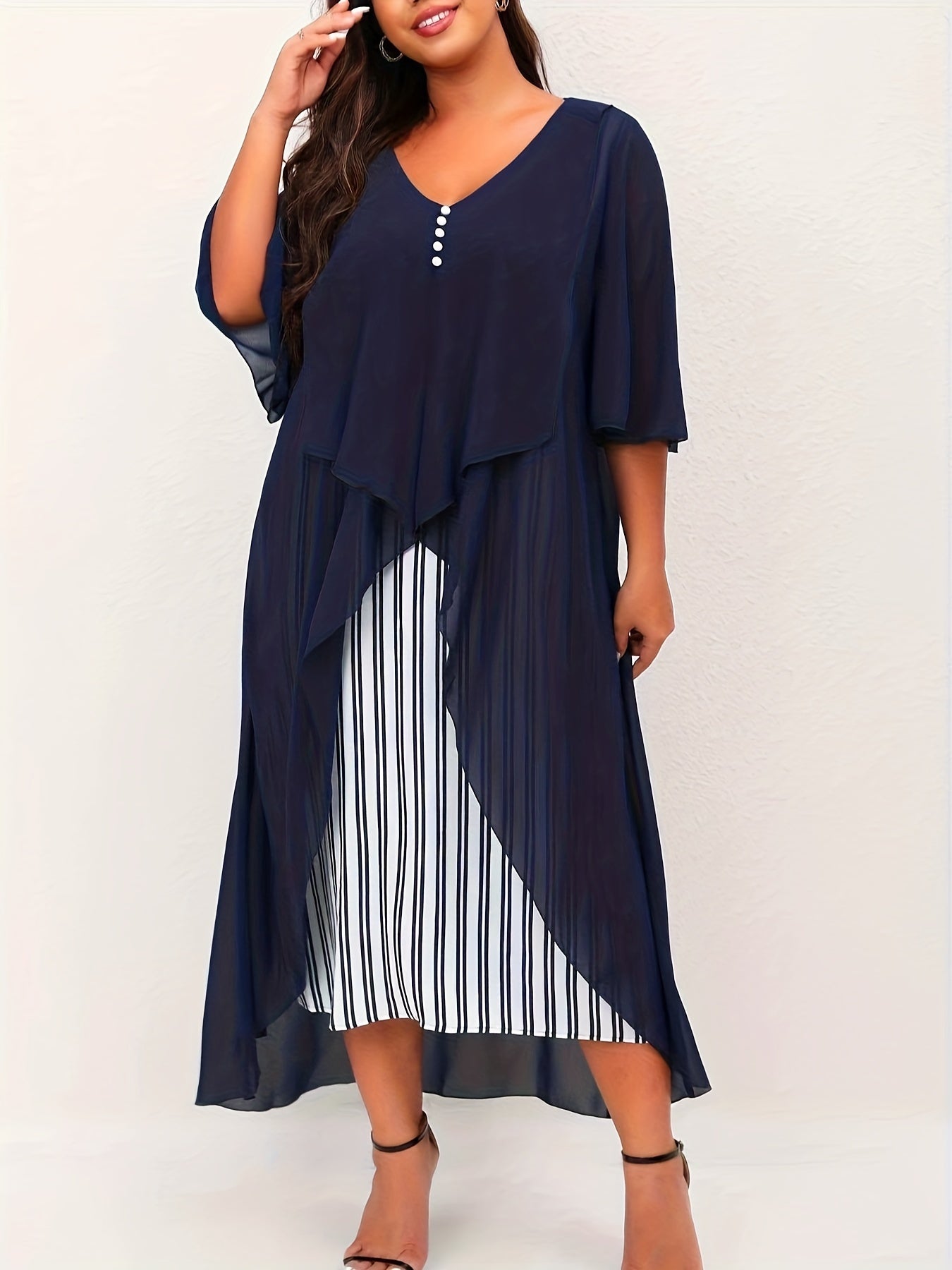Women's Plus Colorblock Stripe Print Mesh Short Sleeve Dress