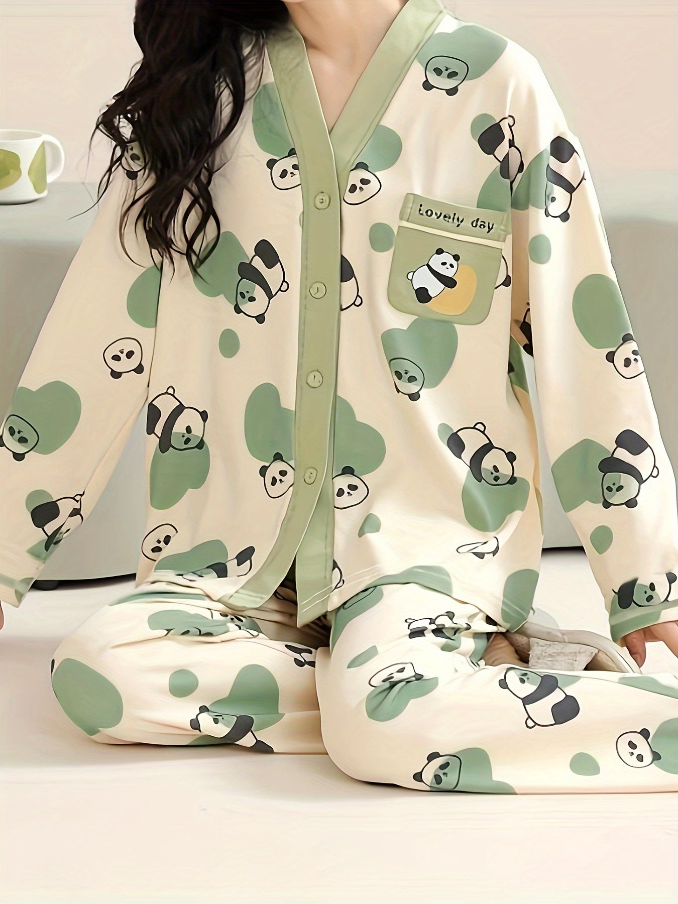 Panda Print Pajama Set Long Sleeve Top & Pants