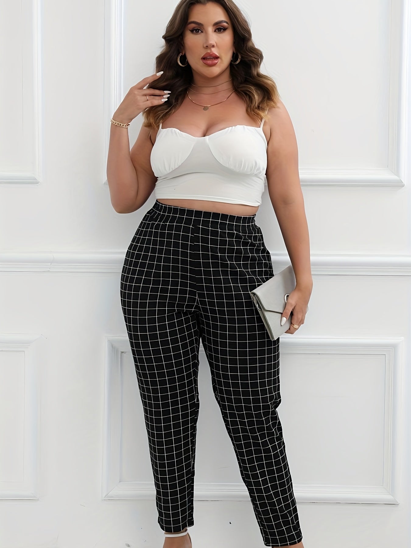  Windowpane Print High Rise Tapered Leg Pants