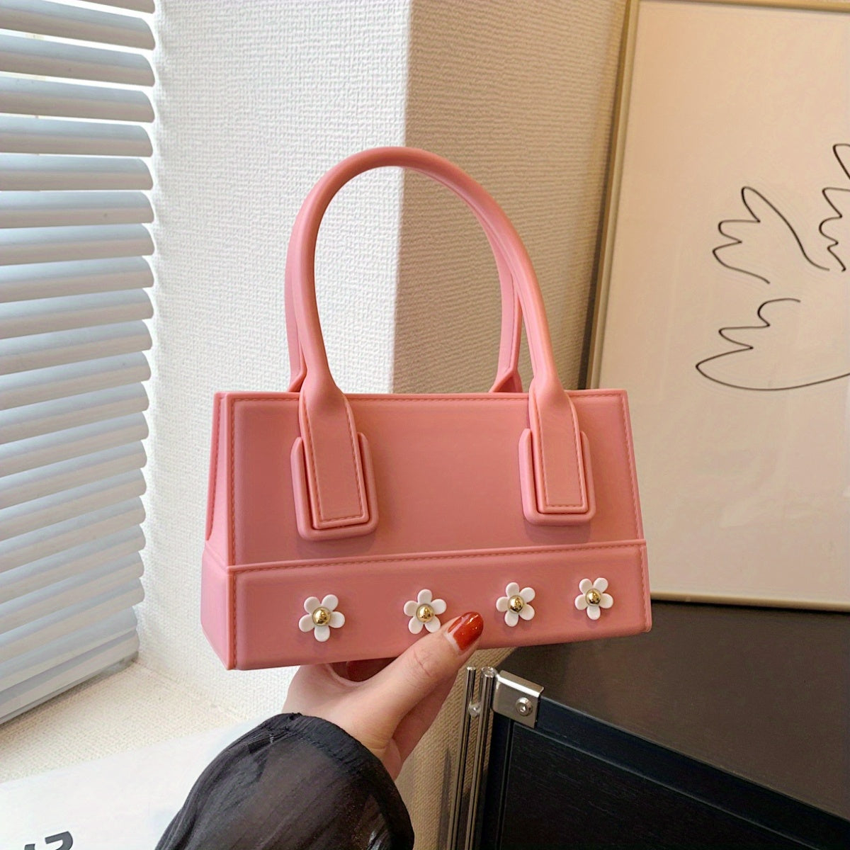 Flower Top Handle Satchel Handbag PU Leather Purse Lipstick Bag