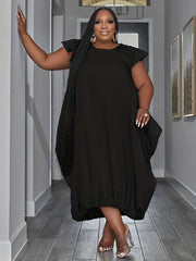  Solid Round Neck Ruffle Sleeve Dress