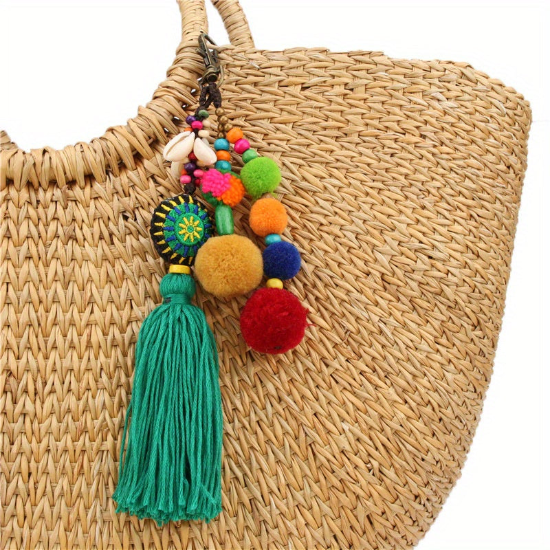 Boho Pom Pom Tassel Keychain Block Key Ring Purse Bag Backpack Car Pendant