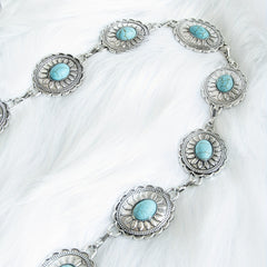 Turquoise Inlay Oval Chain Belt Silvery Geometric Flower Boho Waist Chain