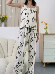Heart Print Pajama Set V Neck Cami Top & Lounge Pants